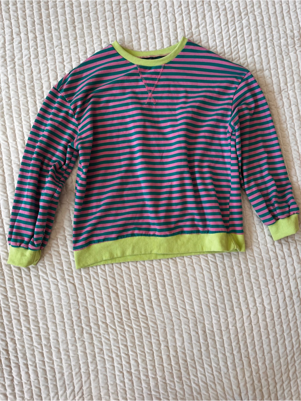 Amazon Purple and Teal Striped Sweatshirt with Lime Trim